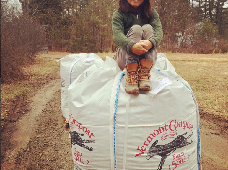 Yoko on a large bag of potting soil. (Photo: Instagram @assawagafarm)